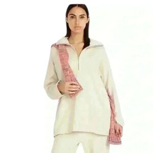 J Crew University Terry Quarter Zip Pullover Sweatshirt Cream Sz S